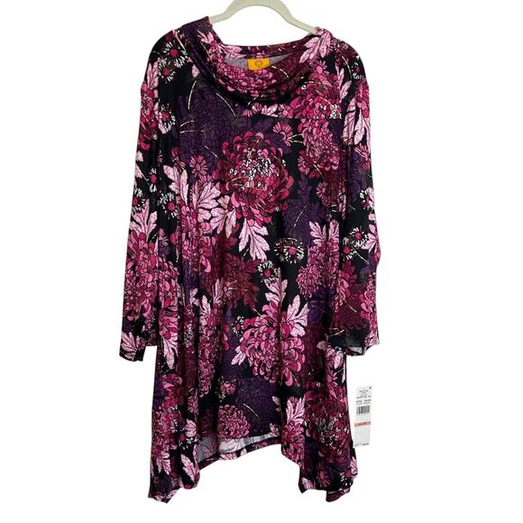 Ruby Rd Woman Tunic 2X Black Pink Purple Floral Print Cowl Neck 3/4 Sleeve NEW - Picture 1 of 6